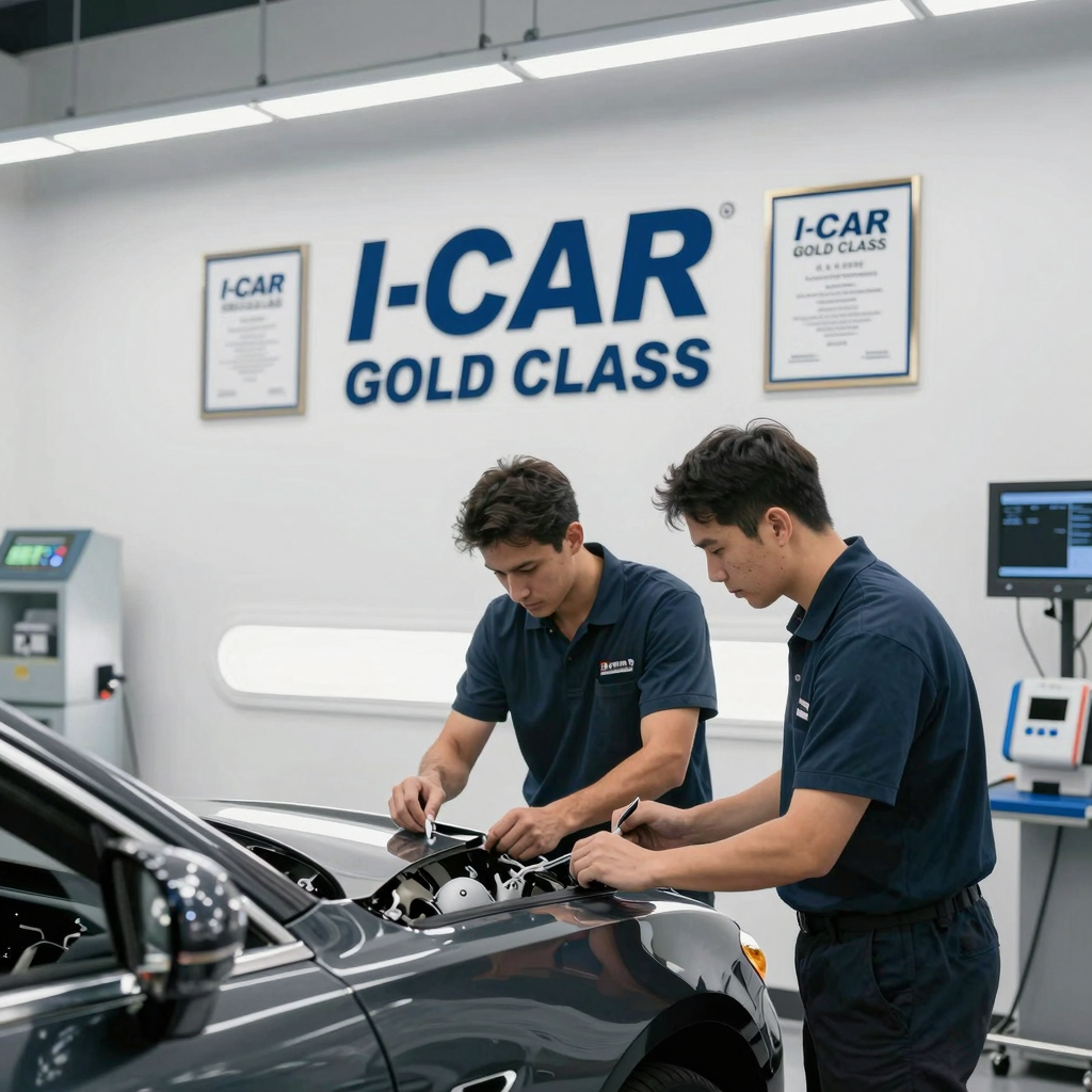 Certified auto body shop with technicians working on a vehicle and certification badges displayed