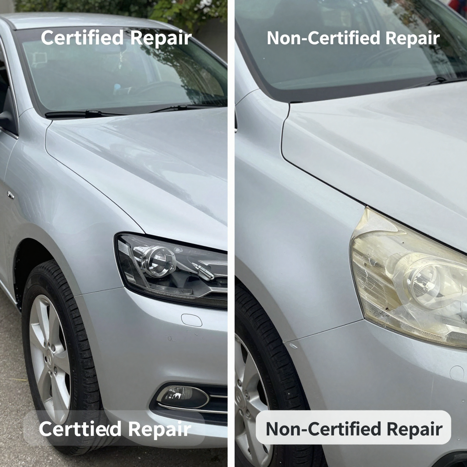Side-by-side comparison: Certified repair (left) shows clean panel gaps, smooth paint, and perfect color matching vs. Non-certified repair (right) showing mismatched paint, poor alignment, and visible flaws