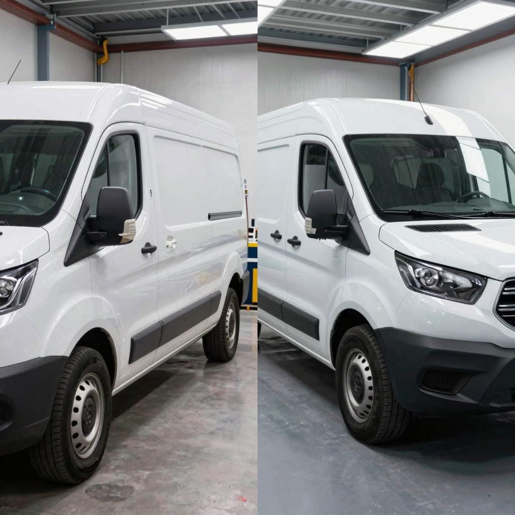 Before and after repair showcase - A white commercial work van with side collision damage on the left, and the same van fully repaired and paint-matched on the right, set in a professional auto body shop.