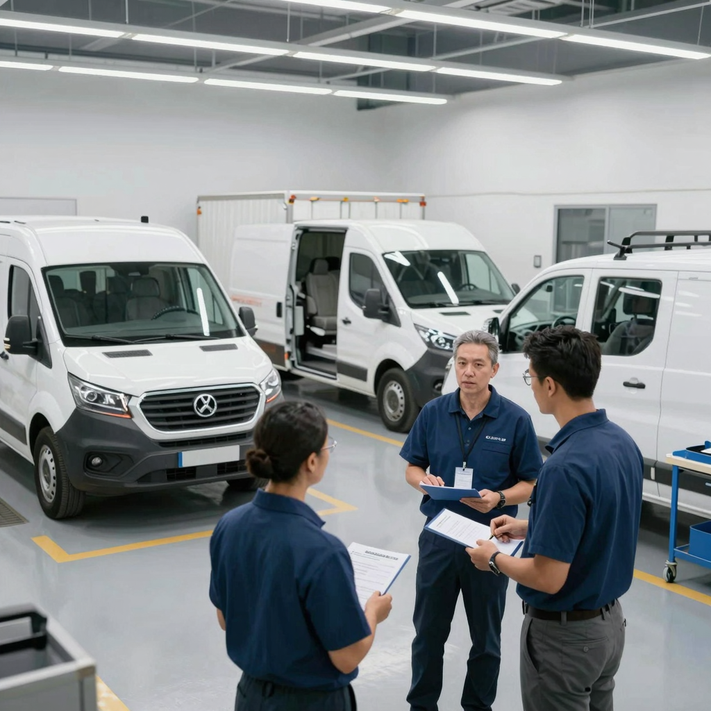A busy auto body repair bay with multiple fleet vehicles undergoing simultaneous repairs, a service manager consulting with a business owner in the foreground.