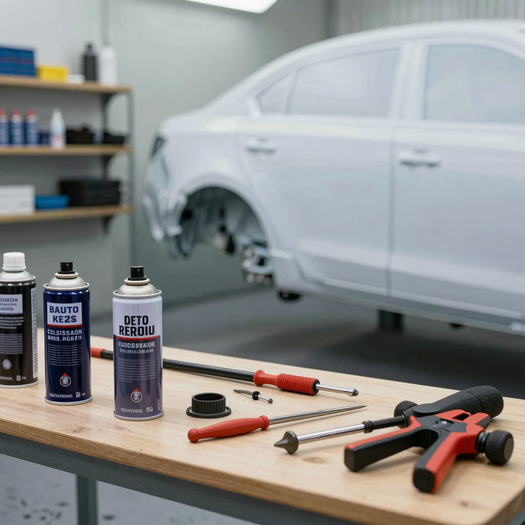 Auto body services collage featuring collision repair, painting, and dent removal tools in a shop setting.