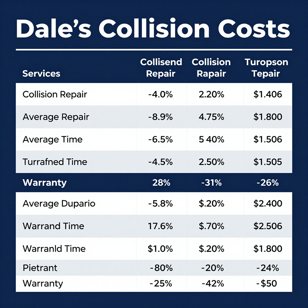 Comparison table of collision repair costs and services between Dale's Collision Repair and competitors.