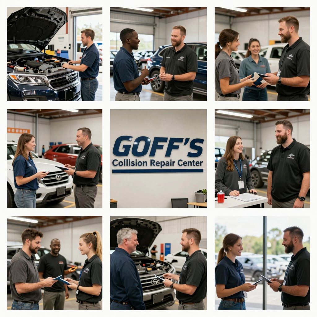 A collage of business owners happily interacting with staff at Goff's Collision Repair Center