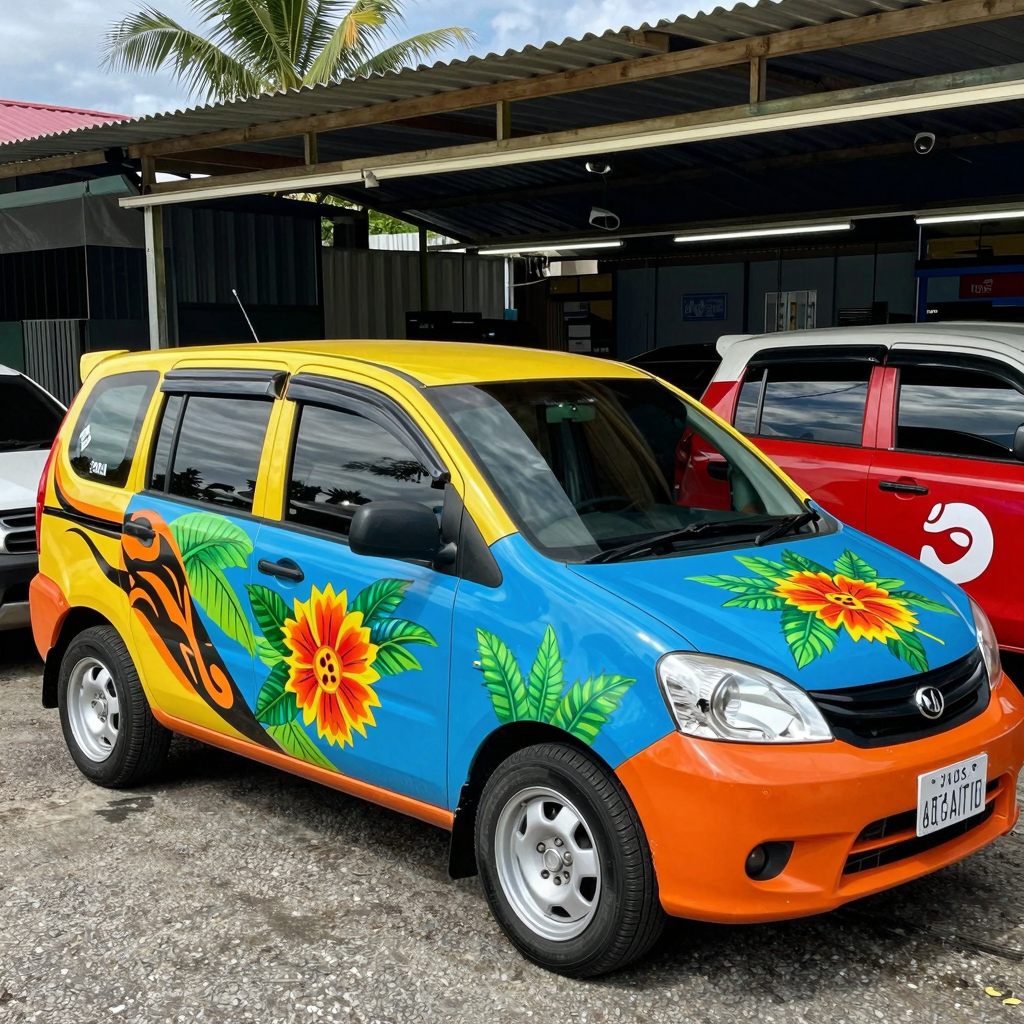 A vibrant scene of a Guam auto paint shop showcasing colorful hand-painted vehicles that reflect Chamorro culture and artistic designs.