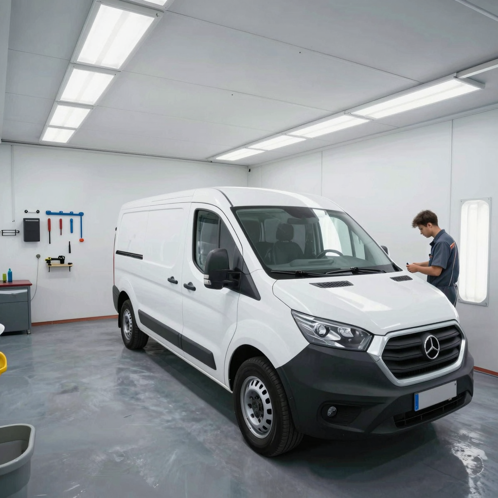 Clean, well-lit auto body repair bay with a commercial van being repaired.