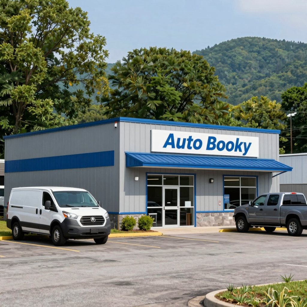 Martin's Auto Body shop exterior in Oakland, MD - a clean, professional facility with commercial vehicles, trees, and mountain backdrop