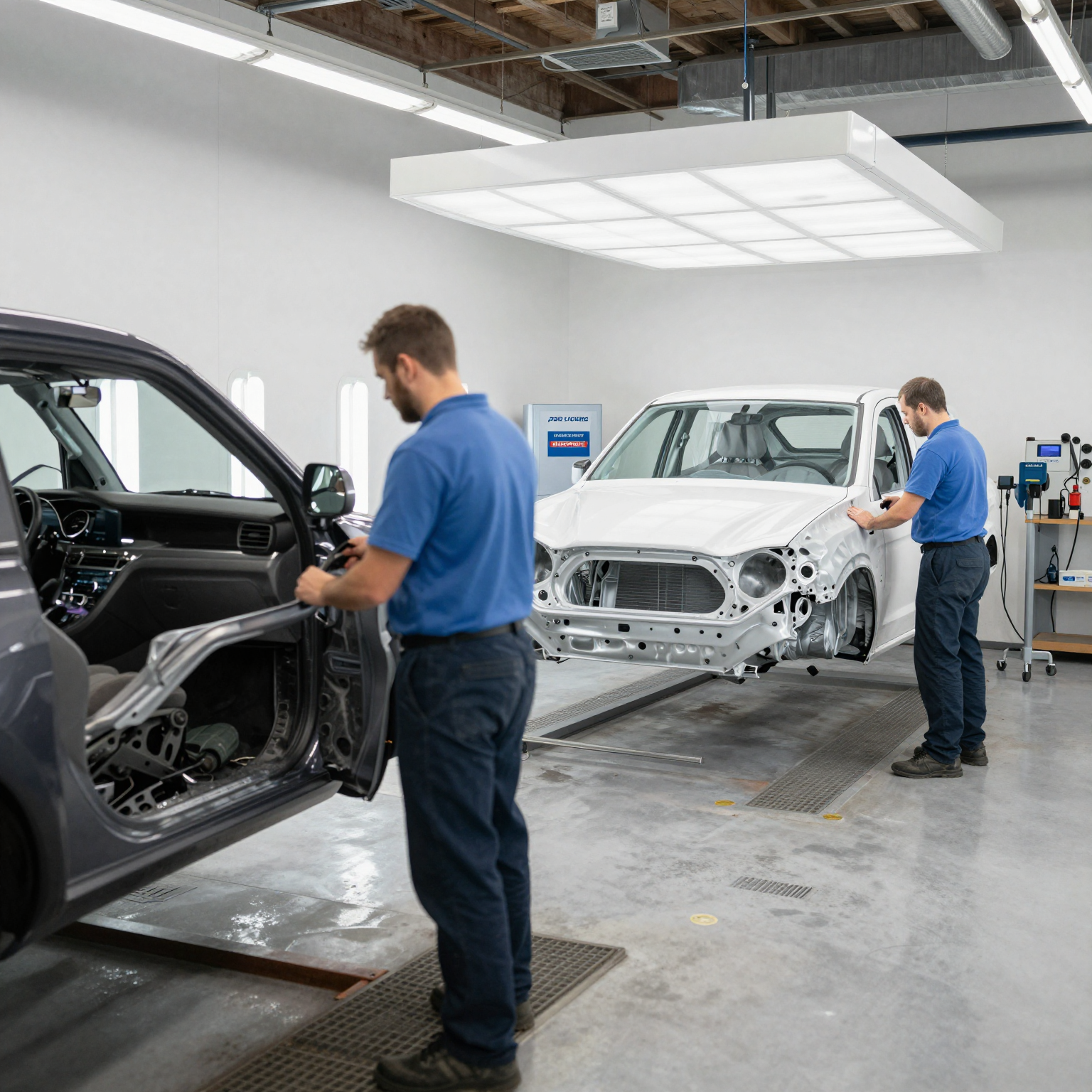 Certified technicians performing precision auto body repair on a fleet vehicle in Oakland, MD