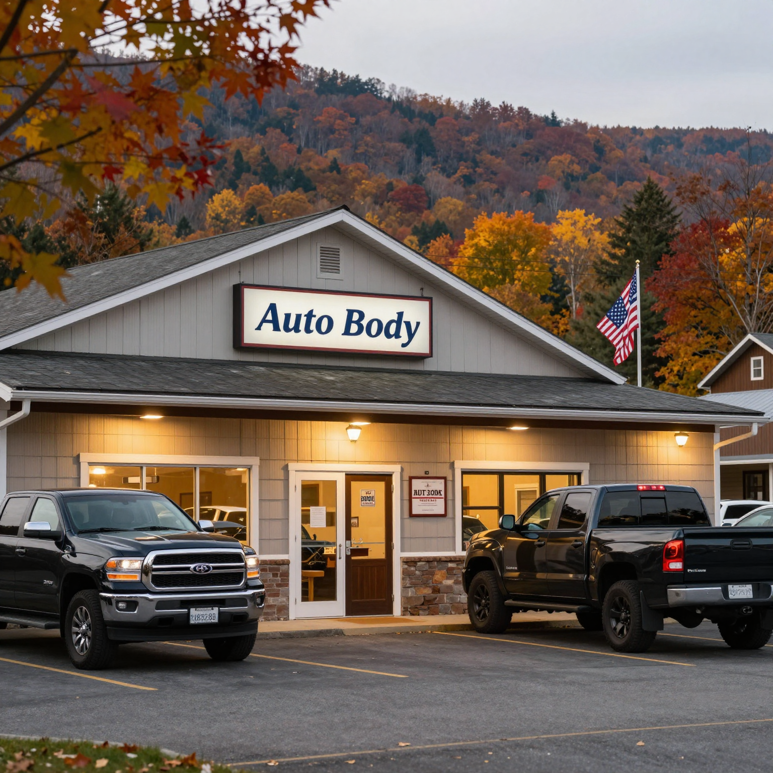 Locally owned auto body shop in Oakland, MD with rural Appalachian backdrop