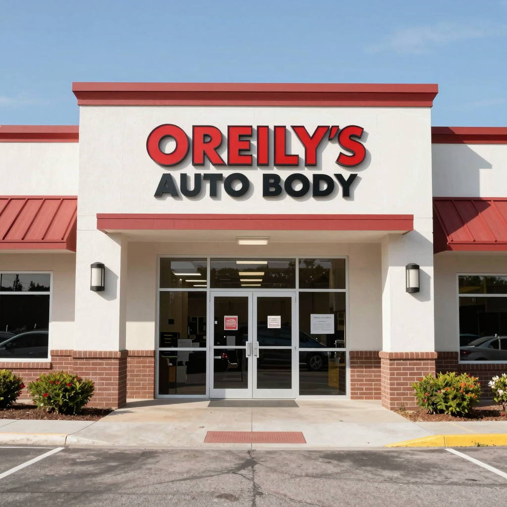 Exterior view of O'Reilly's Auto Body shop