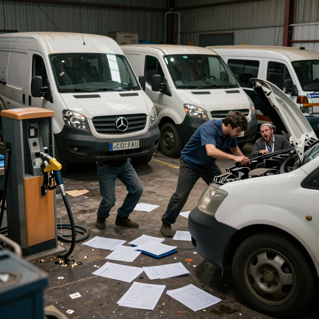 Chaotic fleet yard with disorganized vehicles and frustrated business owner