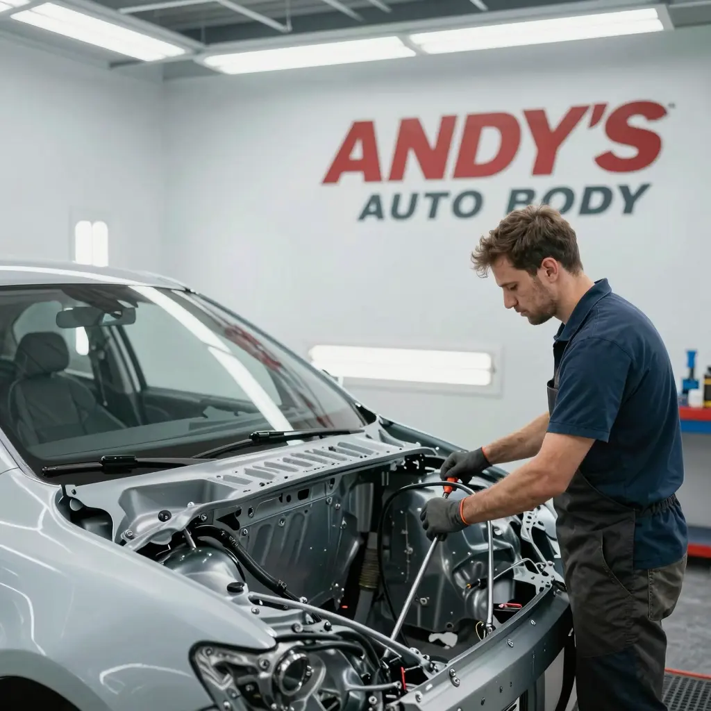 Auto body repair scene at Andy's Auto Body