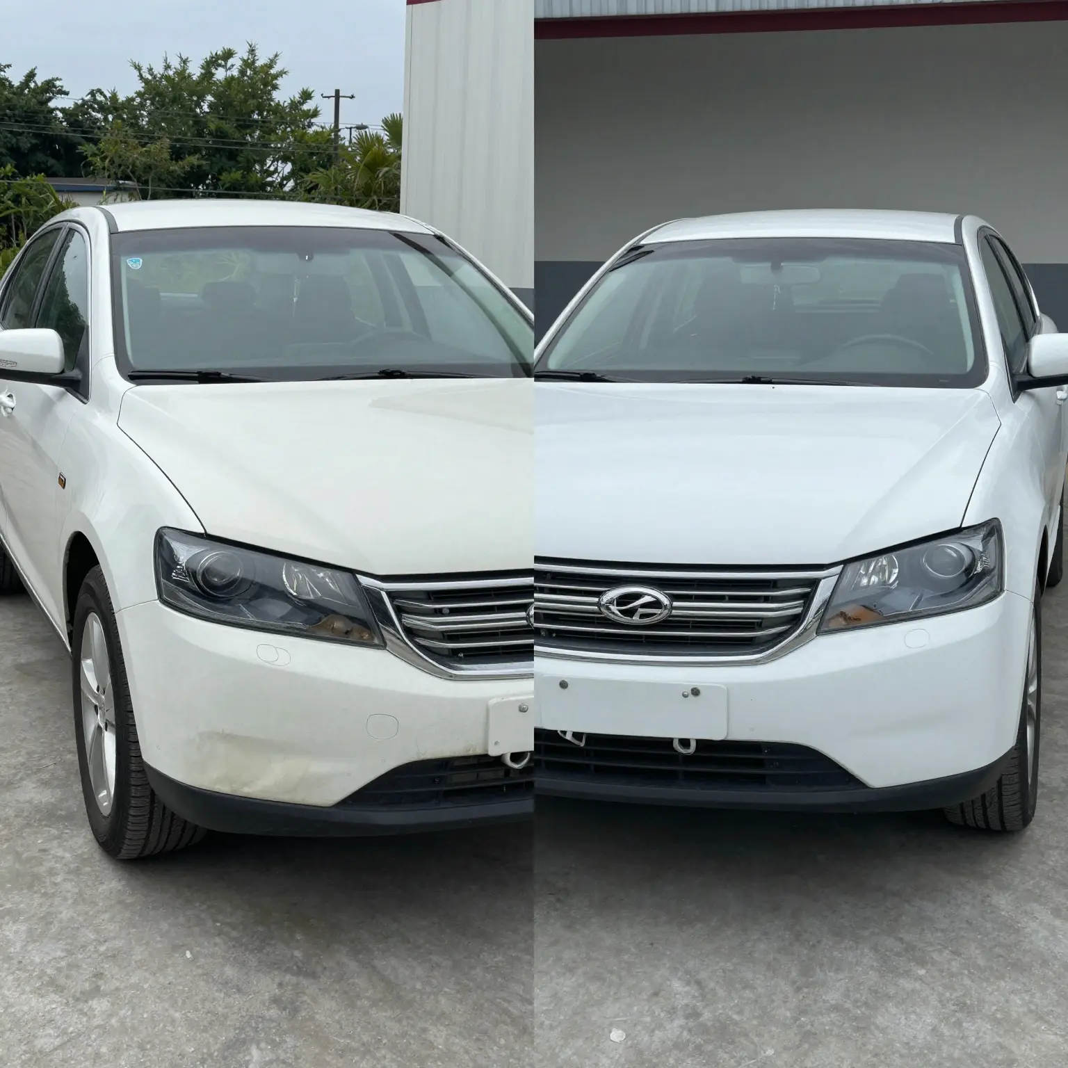 Before-and-after transformation of a vehicle repaired by Angelo's Auto Body
