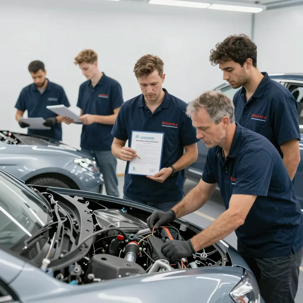 A diverse team of auto body repair experts working together in a workshop environment, demonstrating teamwork and skills.
