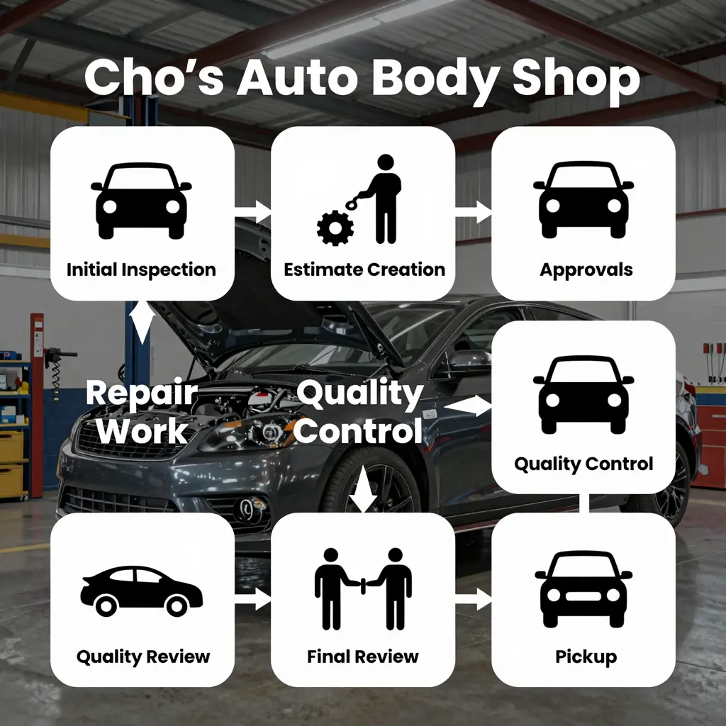 Infographic illustrating the auto body repair process at Cho's Auto Body Shop