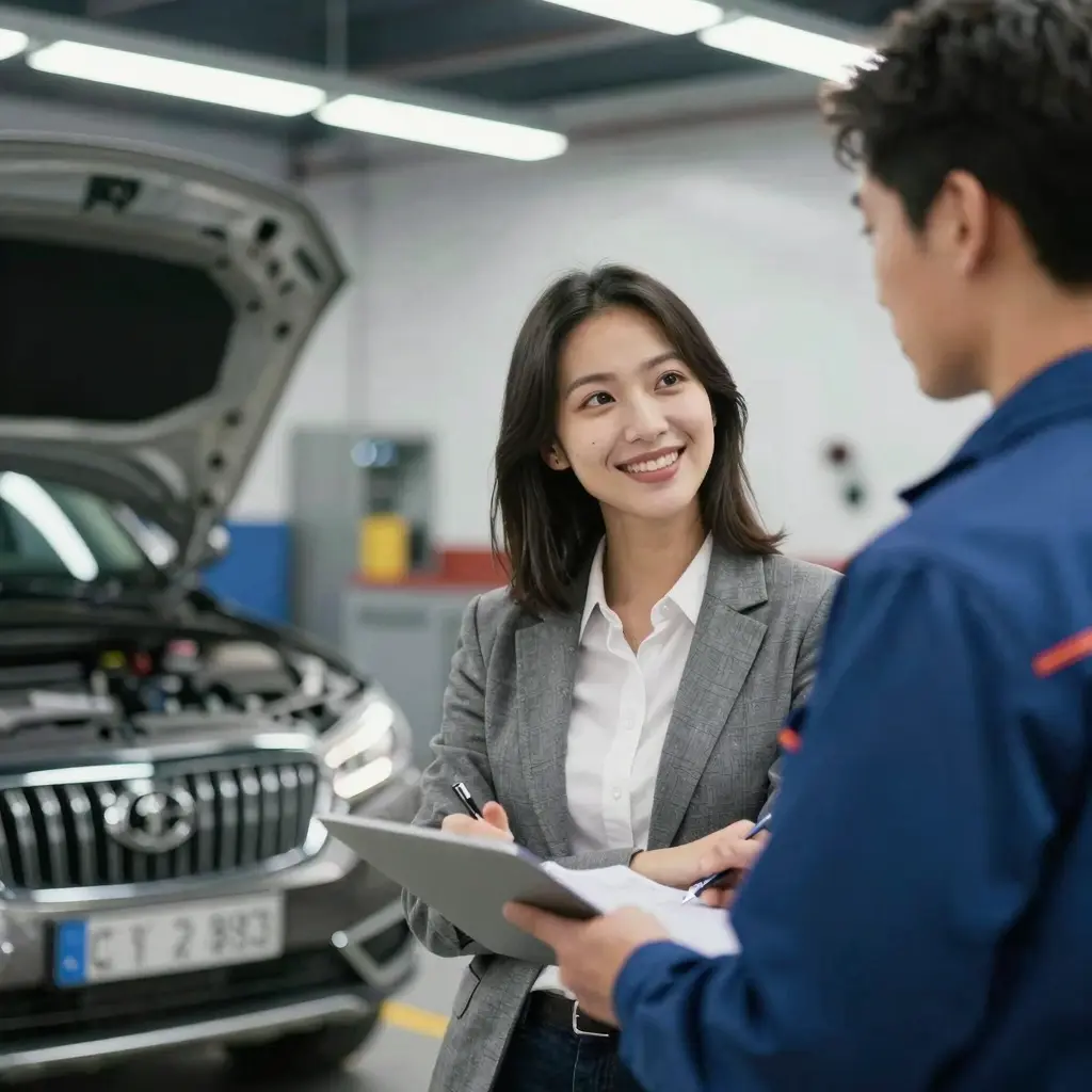 A reassuring image depicting a confident business owner discussing auto body repair services with a mechanic, highlighting trust and professionalism.