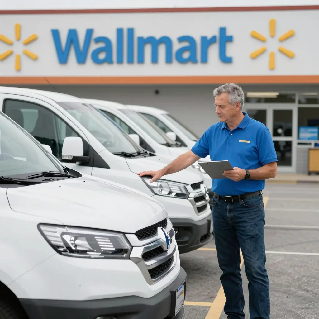 Business owner inspecting fleet vehicles at Walmart Auto Care Center